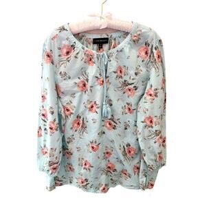 LANE BRYANT | Light Blue Floral Peasant Top Tassel Tie Blouse | Size 18